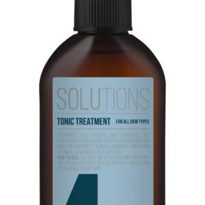A glass bottle of tonic treatment for all skin types