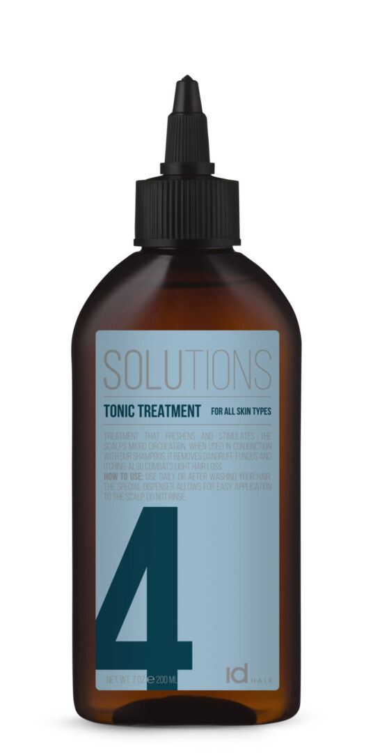 A glass bottle of tonic treatment for all skin types